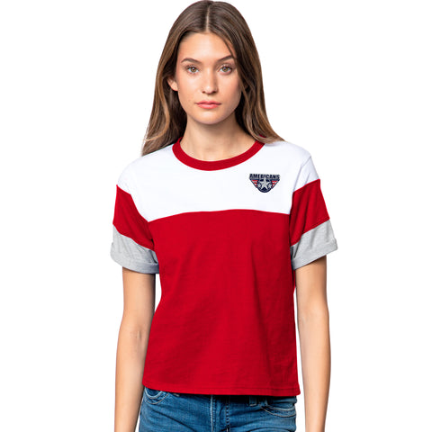 red and white women's short sleeve t shirt